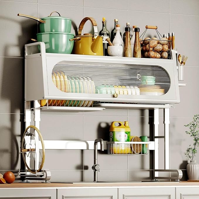 Dish Rack Cabinet Over Sink Standing Dish Drying Rack Dish Drainer Organizer with Adjustable Height Kitchen Large Capacity Kitchen Storage Shelf for Home Kitchen(White,38.1in (97cm))