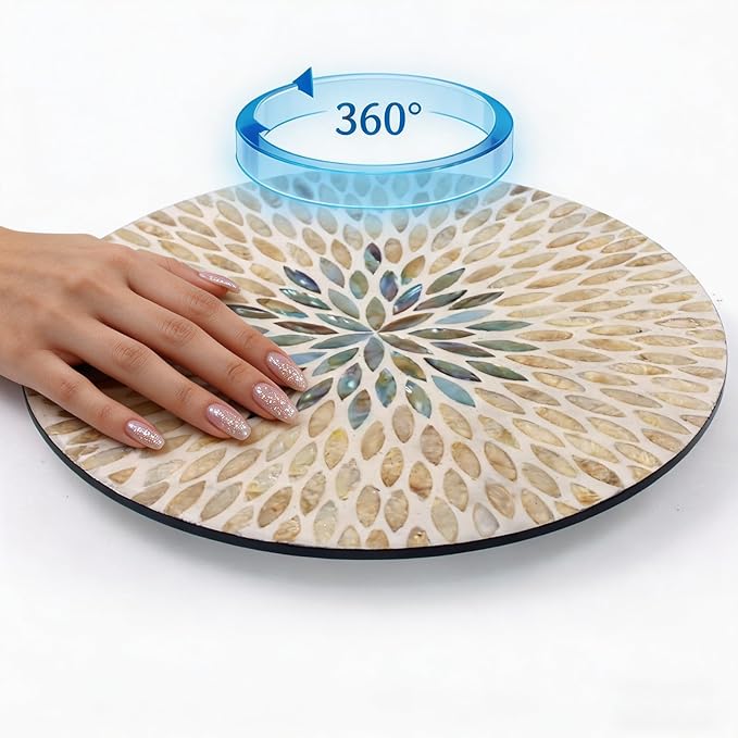13.4" Mother of Pearl Lazy Susan, Table Centerpiece Round Shell Decorative Lazy Susan Turntable Rotating Tray Organizer for Cabinet Counter Gift Kitchen Office Cafe Home Decor (Beige Blue)