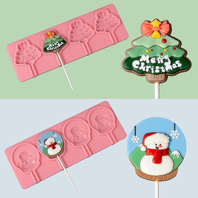 KALAIEN 2 Pack Christmas Lollipop Molds Set, Christmas Silicone Molds Candy Gummy Mold for Chocolate with 100pcs Lollypop Sucker Sticks
