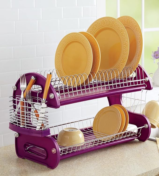 Montgomery Ward Retro 2-Tier Dish Rack, Space-Saving Design, Durable Plastic and Chrome-Plated Wire, Easy Assembly (Purple Punch)