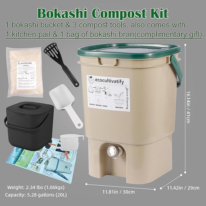 20L Bokashi Compost Bin, 5.28 Gallon Compost Bin for Kitchen Composter with Lid, Bokashi Start Kit with Bran (Tan & Dark Green) (20L/5.28GAL Tan & Dark Green)