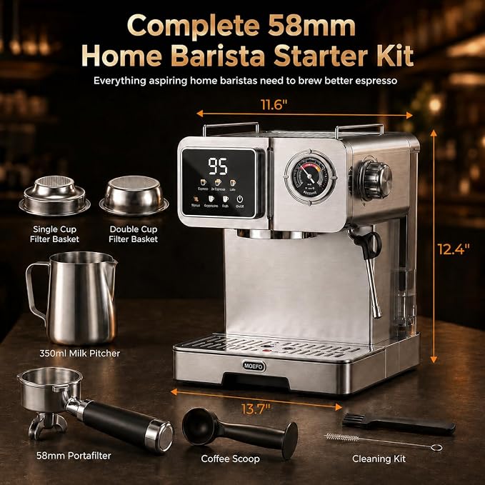 58mm Espresso Machine with Milk Frother, 20 Bar Semi-Automatic Coffee Maker, Visual Pressure Gauge & Touchscreen LCD Display, Professional Home Espresso Machine for Latte & Cappuccino, Silver