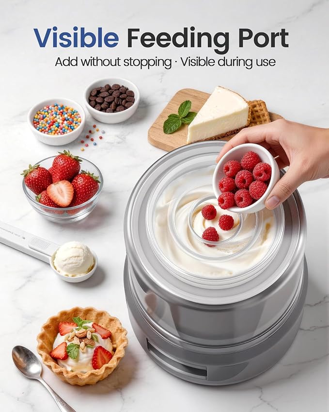 2.1 Qt Countertop Ice Cream Maker – Make Gelato, Sorbet & Frozen Yogurt in as Little as 20–30 Minutes, Fast Cooling, Visible Feeding Port, Easy 3-Button Control (Gray)