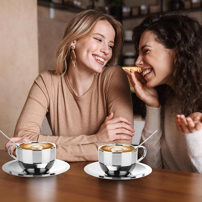 6 Pack Stainless Steel Coffee Cups Set, 6oz Insulated Espresso Cups with Spoon and Saucer, Double Walled Coffee Mugs for Latte, Tea, Milk, Cappuccino