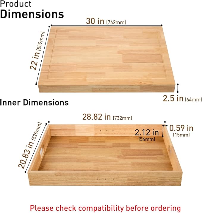 Rubberwood Stove Cover for Gas & Electric Burners, 28.82”x20.83”x2.12'' (Inner) Noodle Board with Handles, Cutting Board with Juice Groove, Serving Tray (Natural Rubberwood)