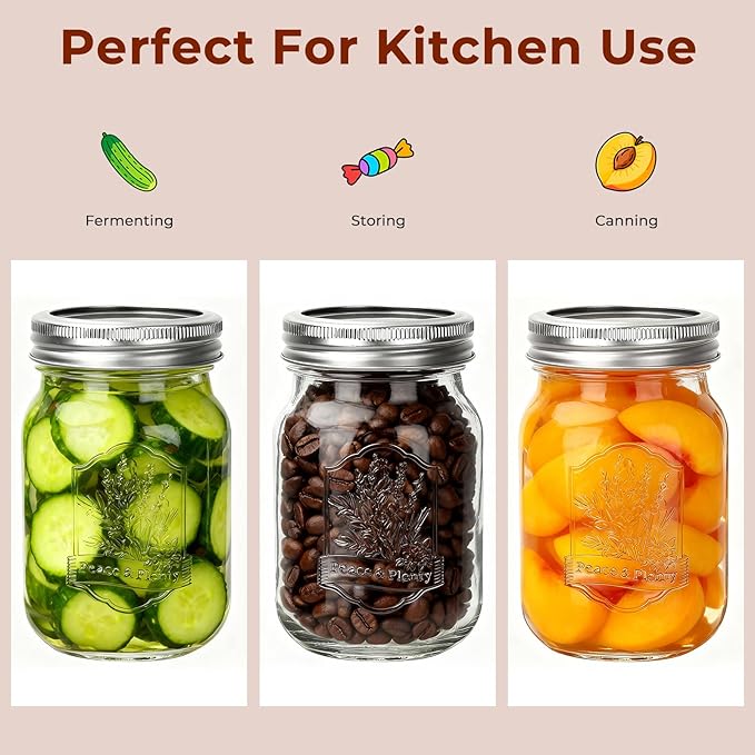 CycleMore 16oz 6 Pack Mason Glass Jars with Airtight Lids and Bands, Embossed Design Canning Jars, Pint Glass Jars for Pickling, Meal Prep, Freezing, Fermenting, Preserving, Jar Décor