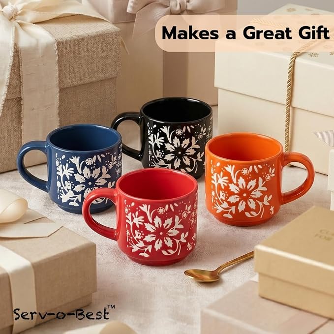 Servo Best Handmade Ceramic Coffee Mugs Set Of 4, 8Oz Comfortable Handle, Porcelain Mug for Latte, Tea, Cappuccino, Milk, Cocoa, Microwave & Dishwasher Safe, Cups for housewarming Gift set