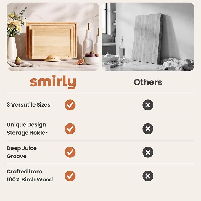 SMIRLY Wooden Cutting Board for Kitchen - Birch Wood Cutting Boards for Meal Prep, Serving, Charcuterie - Kitchen Gadgets, House Warming Gifts - Wood Chopping Board Set of 3 with Holder
