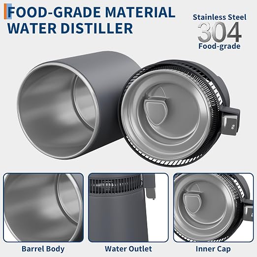GarveeHome Water Distillers for Home Countertop, 1 gal/4 l Stainless Steel Distilled Water Machine with Glass Container, 750W Desktop Drinking Purifier Filter Distilling Kit, Gray