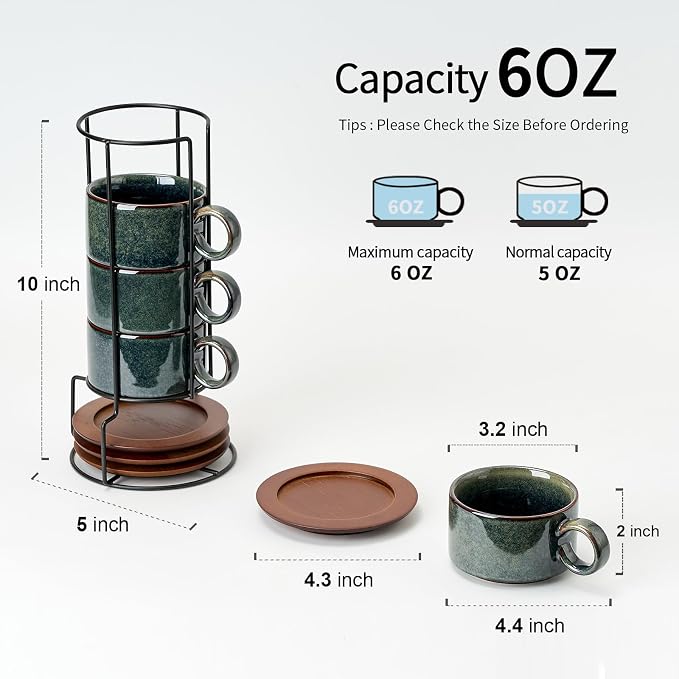 LUKA 6 Ounce Porcelain Stackable Espresso Cups with Saucers and Metal Stand Set of 4, Ceramic Cappuccino Cups Set for Specialty Coffee Drinks, Latte, Cafe Mocha and Tea, Kiln Tide Glaze