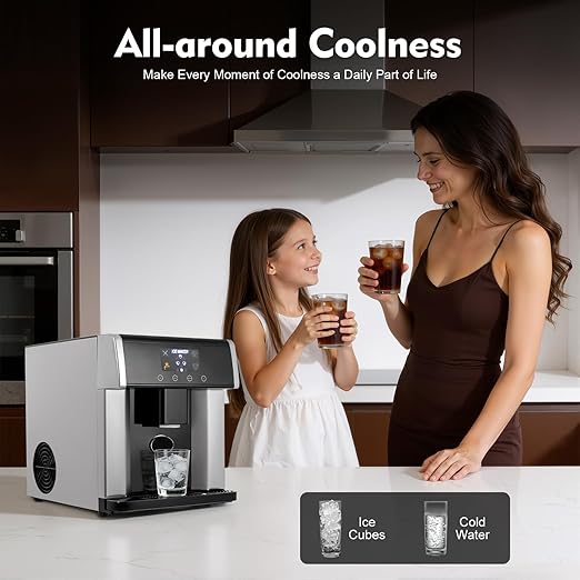 Nugget Ice Maker Countertop, 2-in-1 Electric Ice Dispenser Ice Water Maker with Self-Cleaning, 33lbs/Day Self Dispensing Bullet Head Round Fast Ice Machine for Home Office Cafes, 1.32lbs Storage