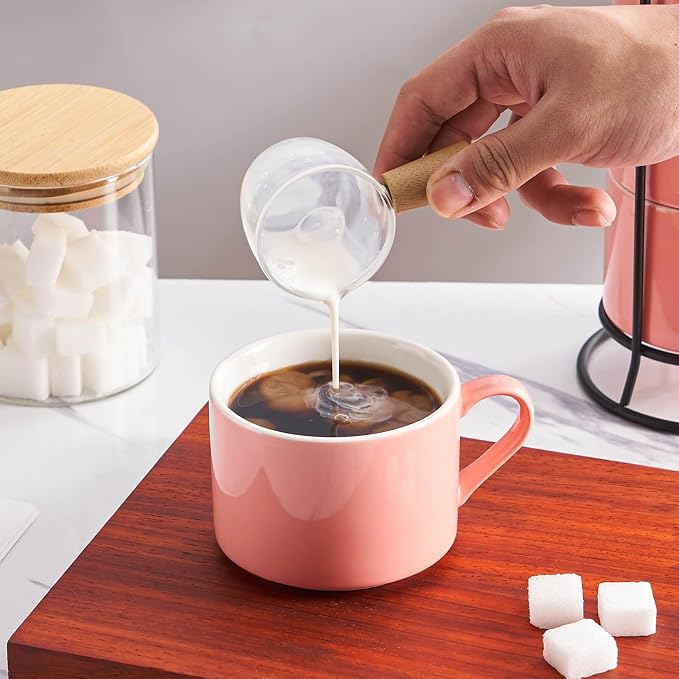 10oz Porcelain Stackable Coffee Mugs and Metal Stand Set of 4, Espresso Cups Set for Hot Drinks, Cappuccino, Tea-Pink