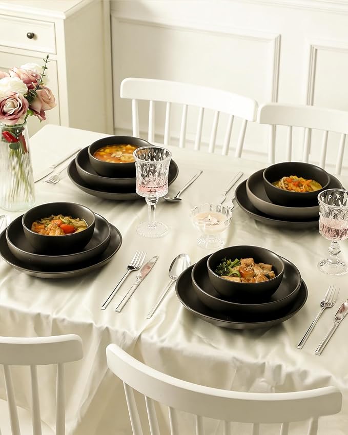 Plates and Bowls Sets, 12-Pieces Stoneware Dinnerware Set Ceramic, Matte Black Dishes Set for 4, Scratch Resistant, Microwave and Dishwasher Safe Tableware, Porcelain