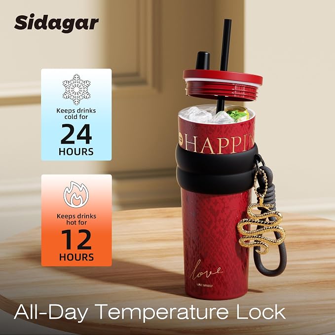 24 oz Tumbler with Lid and Straw, Insulated Coffee Mug Leak Proof, Portable Iced Travel Water Bottle, Reusable Thermal Coffee Cup, Gifts for Women, Red