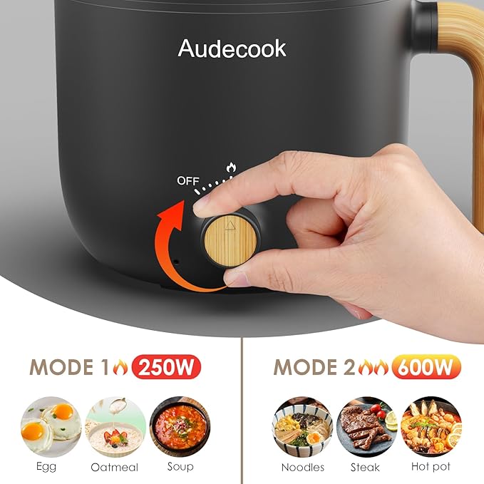 Audecook Hot Pot Electric, 1.5L Rapid Noodles Cooker, Portable Nonstick Mini Multicooker, Travel Electric Pot with Dual Power Control for Ramen/Pasta/Soup/Steak/Egg/Oatmeal (Black)