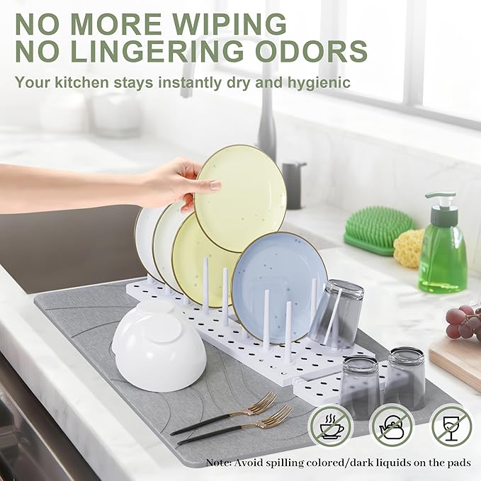 Large Stone Drying Mat for Kitchen Counter, 24" × 16" Diatomite Dish Drying Mat, Ultra Absorbent Diatomaceous Earth Dry Stone Mats with Dish Rack for Dished, Bottles, Dark Grey