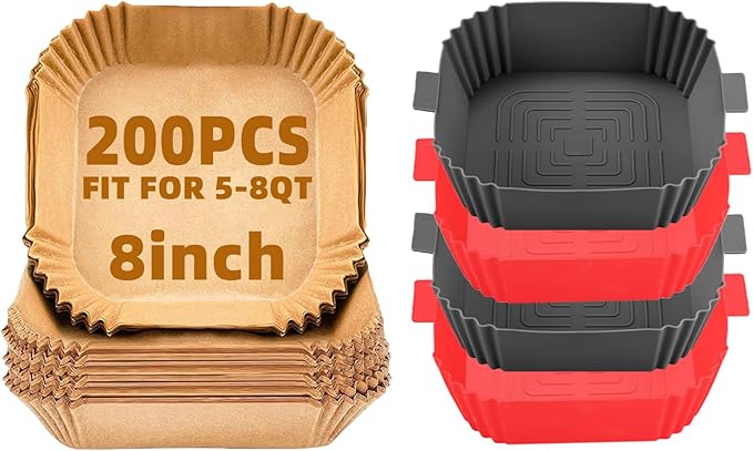 200Pcs 8IN Air Fryer Liners Disposable for 5-8QT Air Fryer and 4Pcs 7.5in Air Fryer Silicone Liners for 3 to 6 Qt,Food Safe Non-Stick Air Fryer Liners Square Free of Bleach,Air Fryer Parchment Liners