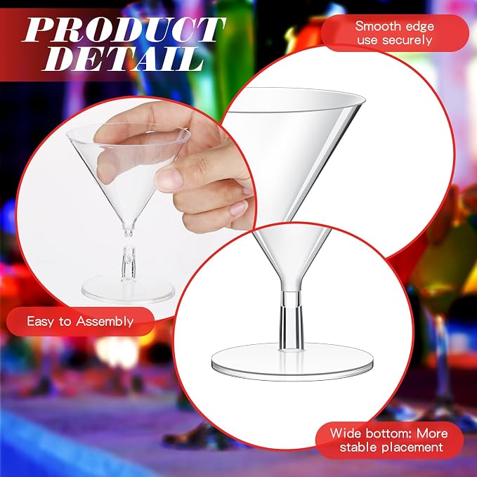 Irenare 100 Pcs 2 oz Plastic Martini Glasses and Cocktail Picks Set Disposable Clear Cocktail Dessert Glasses Unbreakable Mini Cups for Wedding Party Wine Appetizers Food
