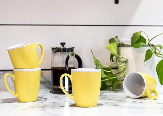 Elanze Designs Solid Color Yellow White Interior 16 ounce Matte Ceramic Mugs Matching Set of 4