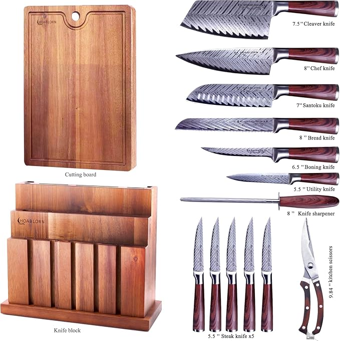 Damascus Knife Block Set – Premium 20-Piece Chef Knife Set with Extra Cutting Board & Wine Corkscrew, High Carbon Stainless Steel, Elegant Housewarming Gift
