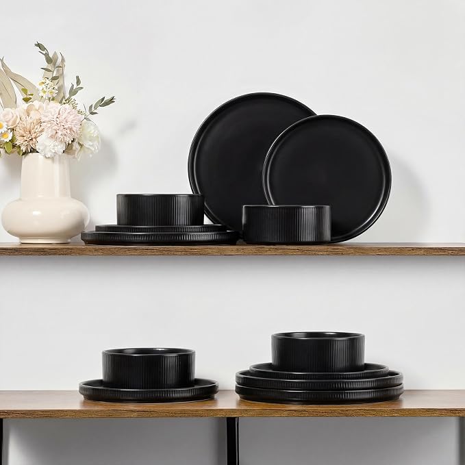 E-far Stoneware Dinnerware Sets for 2, 6-Piece Plates and Bowls Sets, Chip & Scratch Resistant Ribbed Dish Set for Home Restaurant, Microwave & Dishwasher Safe, Matte Black