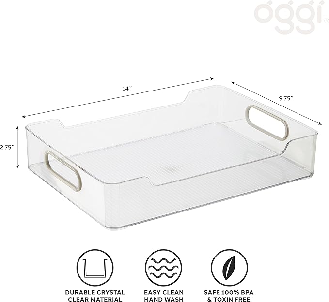 Oggi Cabinet/Drawer Storage Bin - 14" x 10", Clear/Gray, Ideal for Kitchen Organization, Pantry Storage, Fridge Organizing - Set of 6