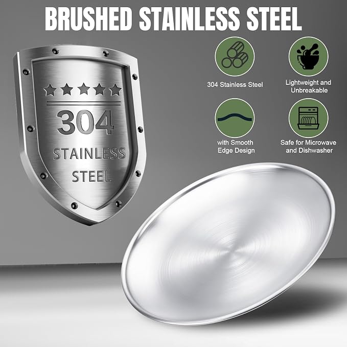 Jinei 24 Pcs 304 Stainless Steel Dinner Set Include 12 Pcs 7 Inch 10 Inch Stainless Steel Plates, 6 Pieces Bowls and 6 Pieces Cups, Reusable Metal Utensils Dinnerware for Home Outdoor Picnic Kitchen