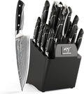 18 Pieces Damascus Kitchen Knife Set, 8 Piece Steak Knives, Non-slip ABS Ergonomic Triple Rivet Handle for Meat Fork, Knife Sharpener and Shears, 17 Slots Wooden Knife Block