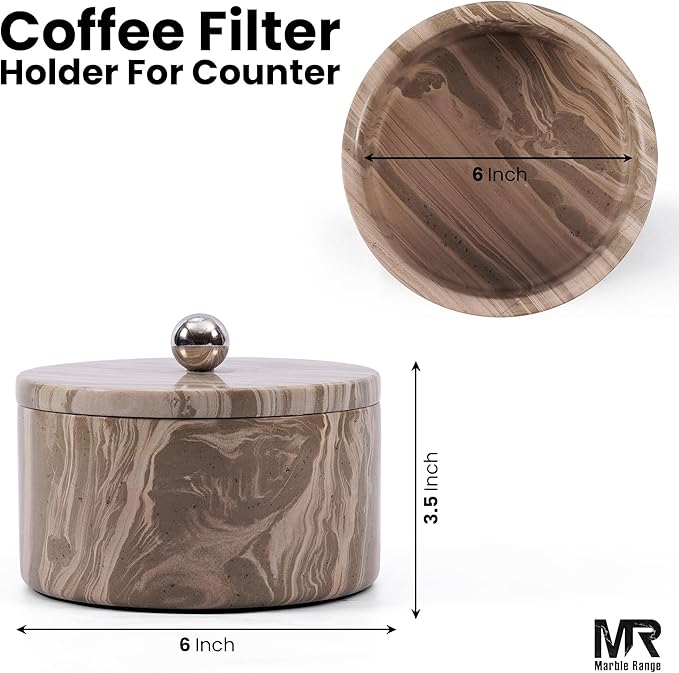 Marble Coffee Filter Holder – 6 inch Handmade Natural Brown Coffee Filter Holder with Lid, Storage Organizer for Kitchen Countertop & Bar Decor