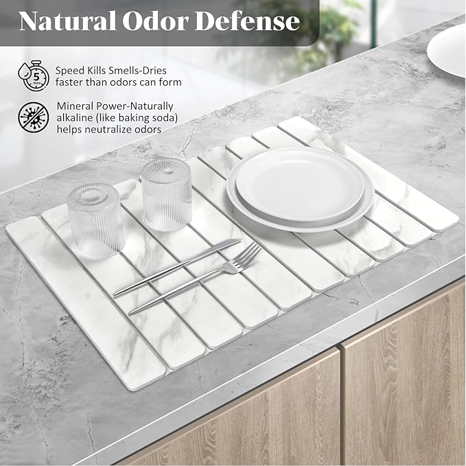 Large Stone Dish Drying Mats for Kitchen Counter, 24"(L)×16"(W) Marble-Pattern, Fast Drying Collapsible Dish Drying Mat, Eco-Friendly Absorbent Diatomaceous Earth Mats for Cups, Match Countertop