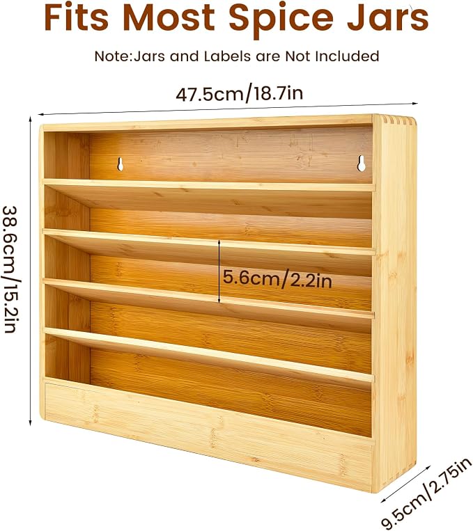 Bamboo Tiered Spice Rack Organizer for Cabinet,Wooden Seasoning Rack for Countertop, Cupboard, Pantry, Kitchen (Spice Jars Not Included)