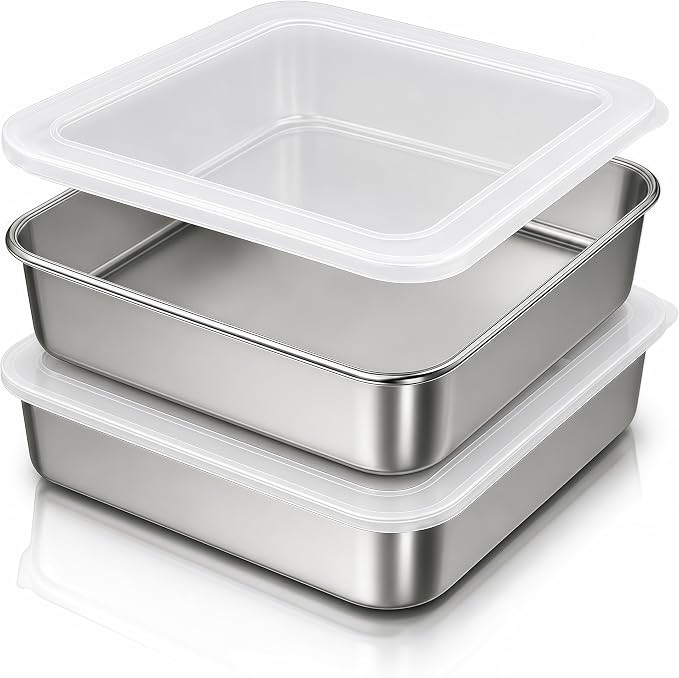 8x8 Baking Pan with Lid, Stainless Steel Brownie Pan, Square Cake & Casserole Bakeware, Heavy Duty Non-Toxic Oven Pan, Dishwasher Safe (2 Pans + 2 Lids)