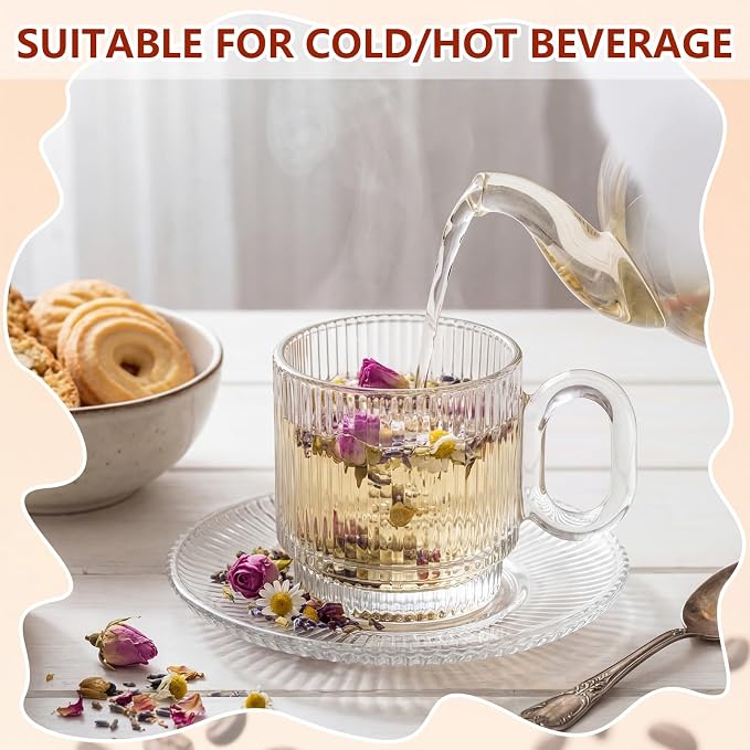 6 Sets of Glass Tea Cups with Saucers Vintage Coffee Mugs 5.6 oz Clear Espresso Cup with Handle Embossed Glassware for Hot Cold Beverages Americano Cappuccino Latte Tea