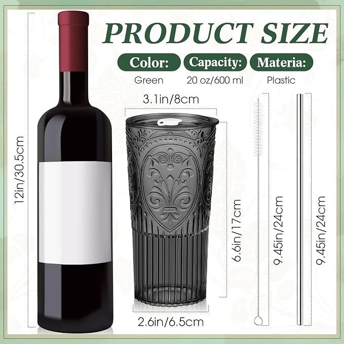 2 Set 20oz Vintage Plastic Tumbler with Lids and Straws Ribbed Floral Drinking Glasses Reusable Iced Coffee Cups for Water Juice Smoothie Cocktail Travel Party Events Gift (Black)