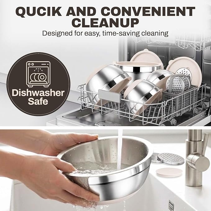 Four Flowers Heavy-Duty Mixing Bowls Set with airtight lids – 11 PCS Stainless Steel Nesting Kitchen Bowls, Mixing Bowls with Non-Slip Bottoms and Grater Attachment, Best for Mixing and Serving