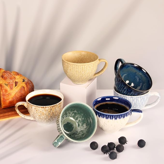 Coffee Mugs Set of 6, 6.8 oz Ceramic Tea Cup, Espresso Cups, Stackable Cups, for Latte, Hot Tea, Cappuccino, Mocha, Cocoa, Milk Tea - Dishwasher & Microwave Safe,Six colors