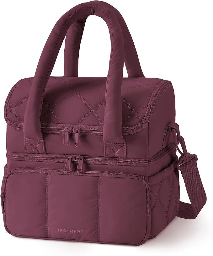 BAGSMART Lunch Bag Women, Double Deck Insulated Lunch Box, Quilted Puffer Lunch Tote, Leakproof, Durable & Reusable Large Lunch Cooler For Work Picnic Travel Meal Prep, Wine Red
