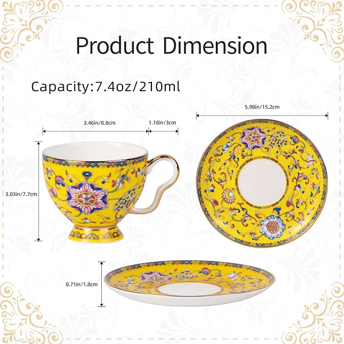 KAMMAK Tea Cups and Saucers Set of 2, Porcelain Coffee Cups, 7.4oz Stackable Espresso Mugs, Ceramic Demitasse for Coffee, Latte, Americano, Tea (641N+642N)