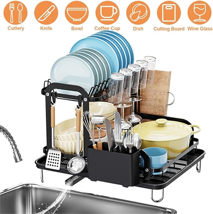 2-Tier Dish Drying Rack for Kitchen with Drainboard Detachable Kitchen Drainer Organizer Set, Metal Sink Organization and Storage Essentials with Utensil Holder Bowl Dish Rack