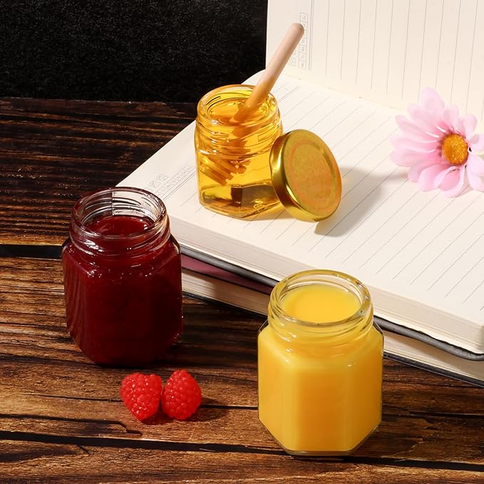 1.5 oz Mini Glass Honey Jars | 48-Pack Honey Jars with Wood Dippers, Gold Lids, Gift Bags, Bee Charms, Labels, Tags, Twine | Perfect for Baby Shower Party Favors, Wedding Favors, Bridal Showers