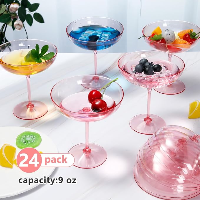 LemonRoad 24 Pcs Plastic Coupe Glasses 9 oz Disposable Martini Glasses for Cocktails, Champagne, Desserts and Espresso, Drinkware Set for Weddings, Birthday Parties, Home Bars (Pink)