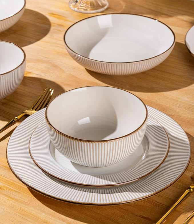 GBHOME Ceramic Dinnerware Sets, 32 pcs Embossed Elegant Stoneware Plates and Bowls Sets, Housewarming Wedding Gift | Dishwasher & Microwave Safe | Dishes Set Service for 8
