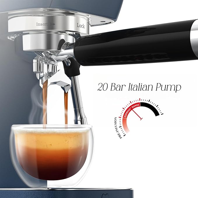 MAttinata Espresso Machine 20 Bar, Compact Espresso Maker with Milk Frother | Coffee Maker, Professional Pump, Steam for Cappuccino Latte, Barista Pressure Gauge, Small for Home, Stainless Steel, Blue