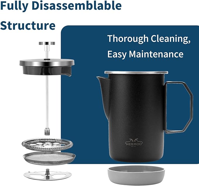 MERMOO YILAN Stainless Steel French Press with Folding Handle 32oz Silver | for 4-6 Cups|Also a Milk Frother& Tea Maker|Non-slip Silicone Base|Compact Size for Camping, Travel, Backpacking,RV
