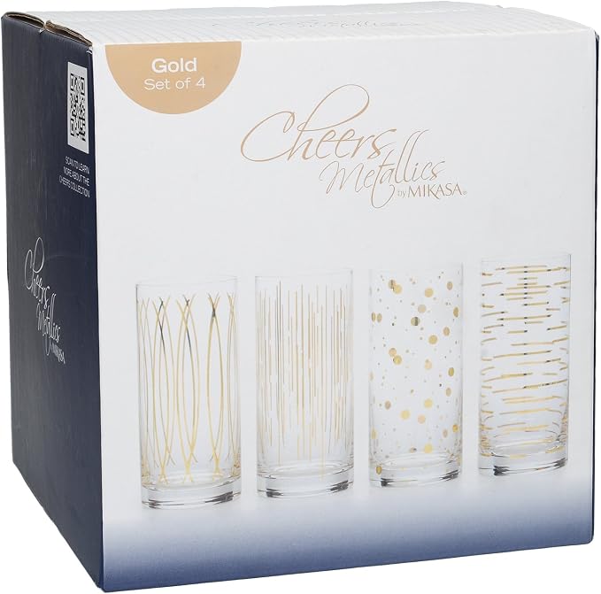 Mikasa 'Cheers' Etched Crystal Highball Cocktail Glasses, 470 ml – Gold Effect (Set of 4)
