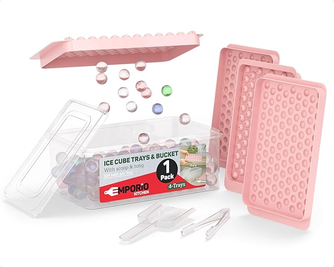 Emporio Kitchen Round Ice Cube Tray Set Pack of 1, BPA-Free Stackable Trays with Lid & Tongs, 104 Ice Balls Per Tray for Whiskey, Drinks, and Cocktails, Quick Release Round Ice Cube Mold, Pink