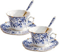Noviko Porcelain Tea Cup and Saucer with Spoon Vintage Floral Teacup, 6 oz | Set of 2, Scalloped Edge Cup, Elegant Gift, Suitable for Afternoon Tea, Cappuccino, Espresso, Coffee
