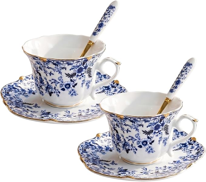 Noviko Porcelain Tea Cup and Saucer with Spoon Vintage Floral Teacup, 6 oz | Set of 2, Scalloped Edge Cup, Elegant Gift, Suitable for Afternoon Tea, Cappuccino, Espresso, Coffee