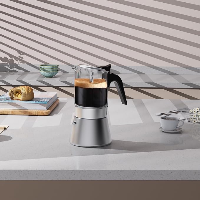 SIXAQUAE Moka Induction Stovetop Espresso Maker,Crystal Glass-top & Stainless Steel Espresso Moka Pot,Classic Italian coffee maker,240ml(6cup)