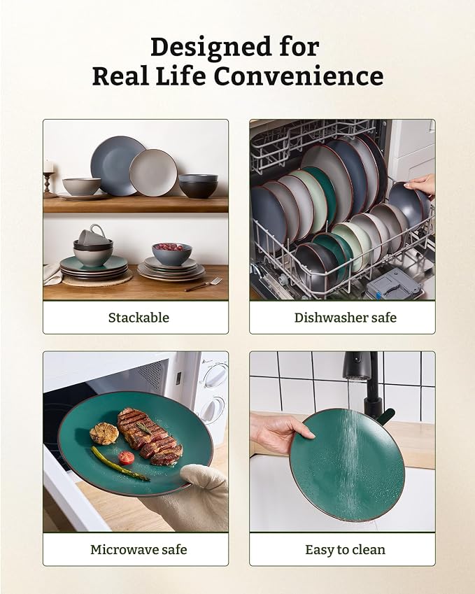 Famiware Venus Plates and Bowls Sets with Trim, 12 Pieces Speckled Stoneware Dishes Dinnerware Set for 4, Matte Dark Green - Microwave & Dishwasher Safe, Modern Minimalist, Everyday & Formal Dining